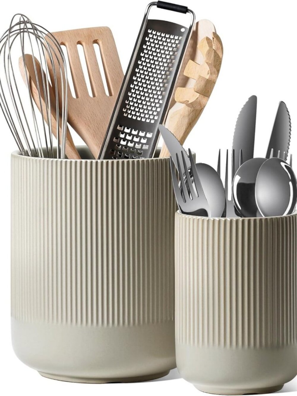 Stylish Ceramic Utensil Holder Set for Kitchen Counter, Fluted Design, Large